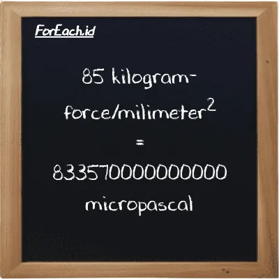 85 kilogram-force/milimeter<sup>2</sup> is equivalent to 833570000000000 micropascal (85 kgf/mm<sup>2</sup> is equivalent to 833570000000000 µPa)